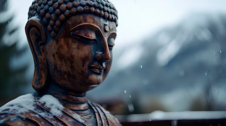 Buddha statue in the snow. Shallow depth of field.の素材