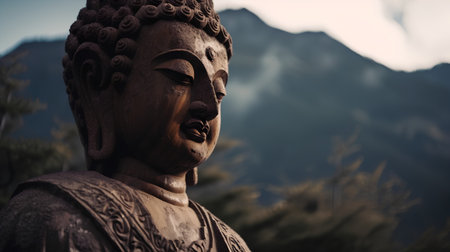 Buddha statue in the mountains, closeup of photo.の素材