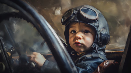 portrait of a little boy in a pilot's helmet and leather jacketの素材