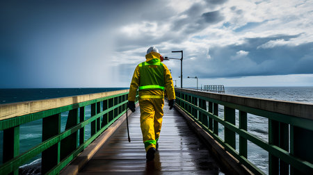 A man in a yellow protective suit walks along the wooden pier.の素材