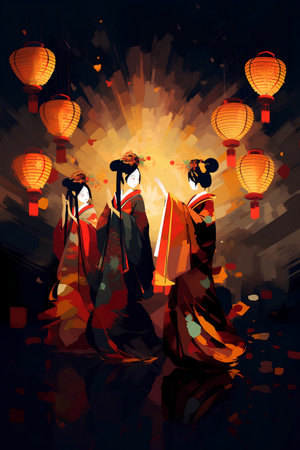 Japanese geisha in kimono and lanterns. Vector illustration.の素材