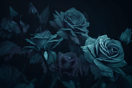 Beautiful roses on a dark background. Blue toned image.の素材