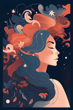 Beautiful girl with long hair. Vector illustration on dark background.の素材