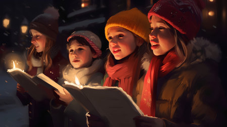 Group of girls reading a book on the street at night in winterの素材