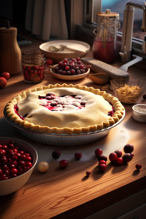 Homemade cherry pie with berries on wooden table. Selective focus.の素材