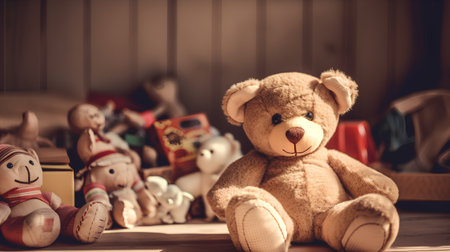 Teddy bear on the wooden floor with toys in the background.の素材