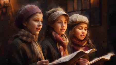 Three young girls in hats and scarves reading a book in the streetの素材