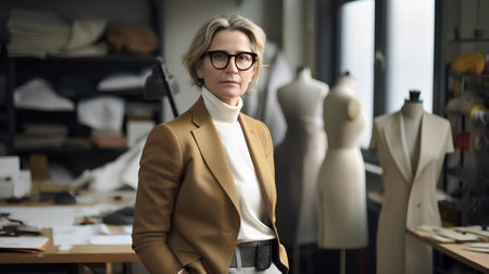 Portrait of mature fashion designer in eyeglasses looking at cameraの素材