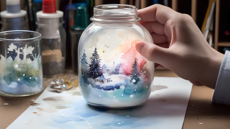 hand holding a glass jar with christmas and new year illustrations.の素材