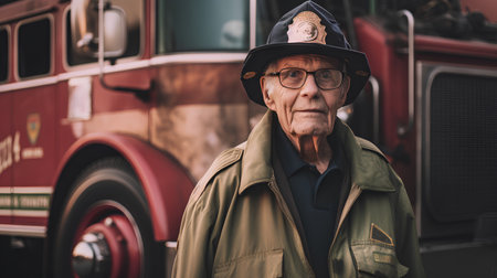 Portrait of an old fireman in the background of a firetruckの素材