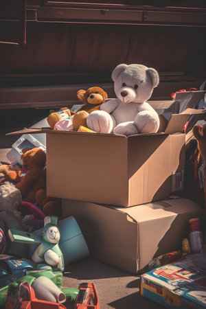 Teddy bears in a cardboard box on the beach in the summerの素材