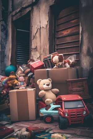 Teddy bear in a cardboard box on the street of the old city.の素材