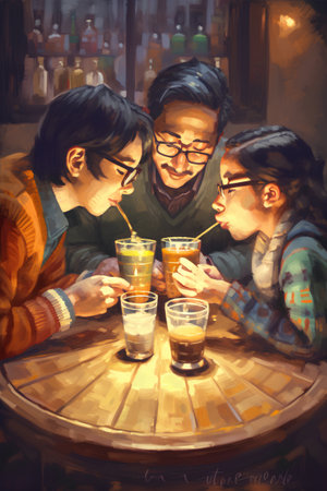 Digital painting of a group of young friends drinking coffee in a pubの素材
