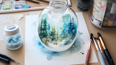Watercolor painting in a glass bottle with a pine forest in the backgroundの素材