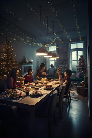 Group of friends having dinner in the living room at christmas timeの素材