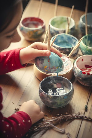 Cute little girl painting Easter eggs on wooden table. Selective focus.の素材