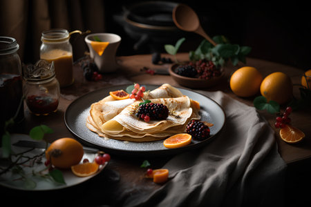 Delicious crepes with berries and fruits on a dark background.の素材