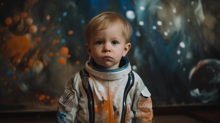 Portrait of a little boy in an astronaut suit with a spacesuitの素材
