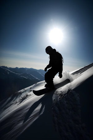 Snowboarder in mountains at sunset. Extreme winter sport. 3d renderingの素材