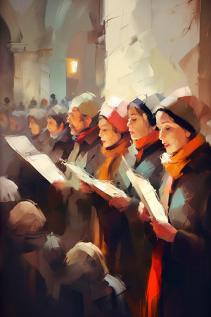 Digital painting of a group of young people singing in the church.の素材
