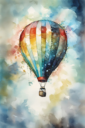 Watercolor illustration of hot air balloon in the sky with clouds.の素材