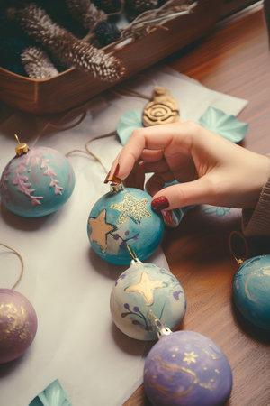 Female hands decorate christmas tree balls with blue ornamentsの素材