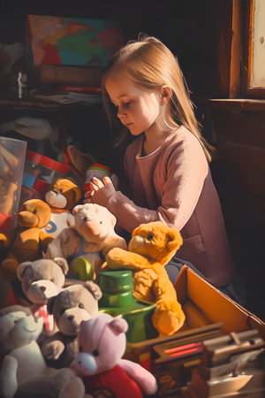 Little girl playing with teddy bears in a toy shop. Children's toys.の素材