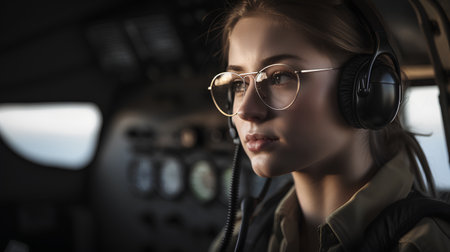 Portrait of a beautiful young woman pilot in headphones and glasses.の素材