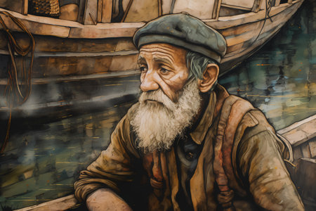 Sculpture of an old man with a long white beard and a cap on his head in an old wooden boat.の素材