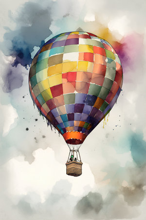 Colorful hot air balloon on watercolor background. Hand drawn illustrationの素材