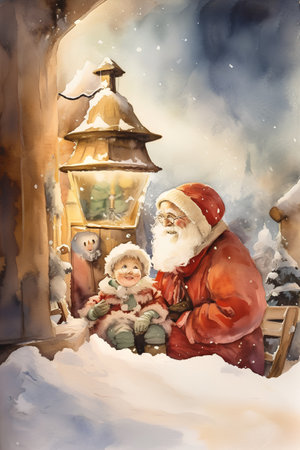 Christmas scene with Santa Claus and children. Watercolor painting on paper.の素材