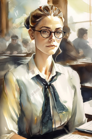 Oil painting of a young woman in glasses and a shirt with a tieの素材