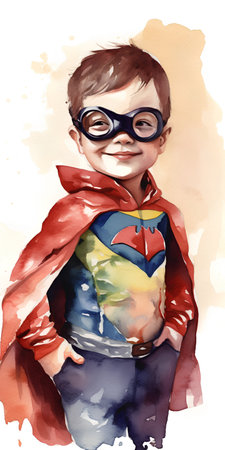 A watercolor illustration of a little boy wearing a superhero costume.の素材