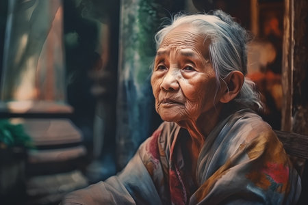 Old woman sitting in front of her house in Kathmandu, Nepalの素材