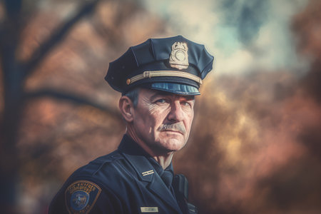 Portrait of an elderly police officer on the background of the autumn forestの素材