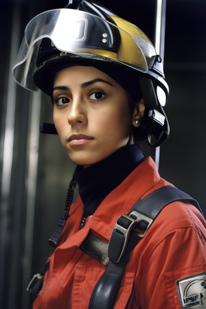 Portrait of a female firefighter in a protective helmet and uniform.の素材