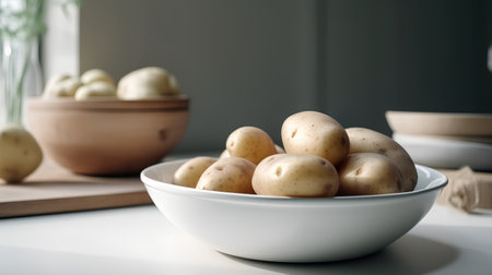 Potatoes in a bowl on the kitchen table. Selective focus.の素材