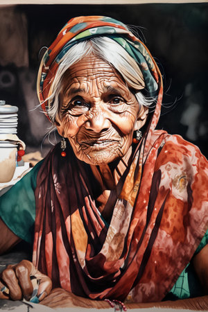 Old woman selling food at the market in Kathmandu, Nepalの素材