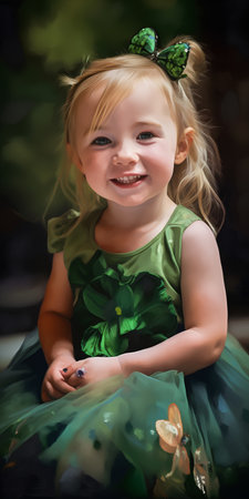 Portrait of a little girl in a green dress with butterflies.の素材