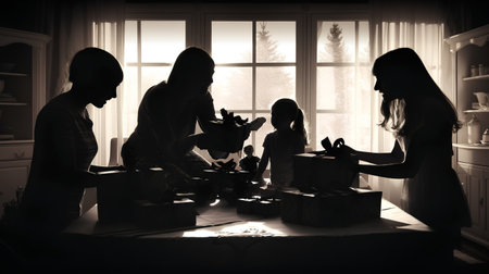 Silhouette of a family with children in the kitchen at homeの素材