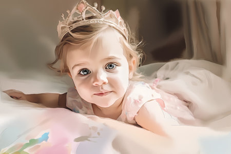 Cute little girl in princess costume on the bed. Digital painting.の素材