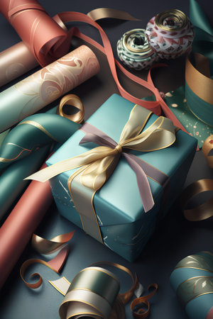 3d illustration of colorful gift boxes with ribbons and confettiの素材