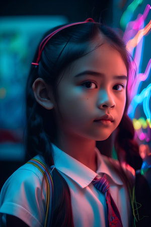 Portrait of a cute asian schoolgirl in neon light.の素材