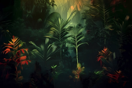 Tropical jungle background with palm trees and plants. Digital illustration.の素材