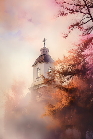 Old church in the foggy autumn forest. Vintage painting style.の素材