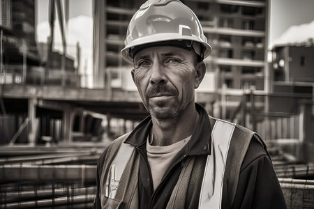 Portrait of a senior man construction worker on a construction site.の素材