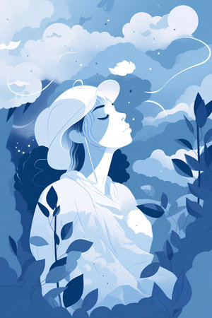 Vector illustration of beautiful girl in a hat with a flower in her hairの素材