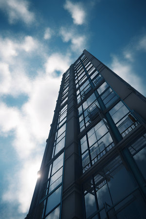 Low angle view of modern skyscraper against blue sky with clouds.の素材