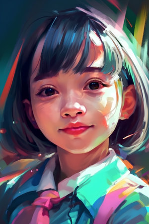Close up portrait of a cute little girl. Digital painting on canvas.の素材