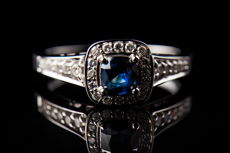 Jewelry ring with blue sapphire on a black backgroundの素材